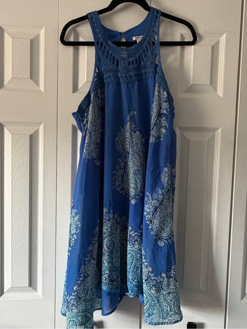 Xhilaration Blue Paisley Halter Dress with Crochet Neckline